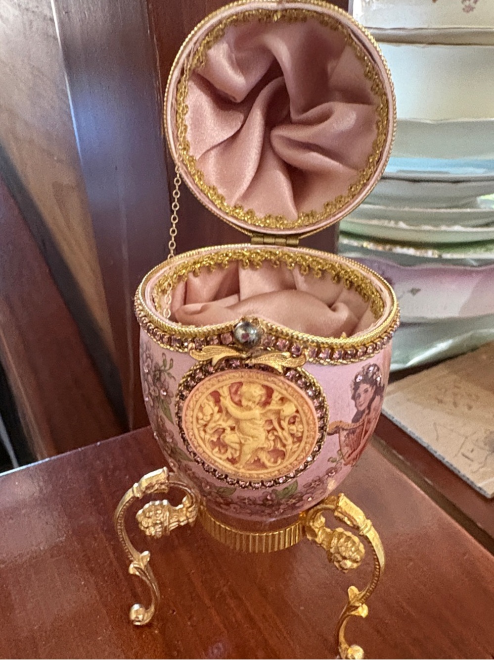 Ornate Pink Jeweled Egg Trinket Box with Gold Base